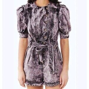 Ulla Johnson Purple Carmine Acid Denim Romper In Lilac Puff Sleeve Size 0